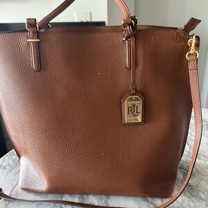 Lauren by Ralph Lauren Chestnut Pebbled Leather Tote with Gold Hardware